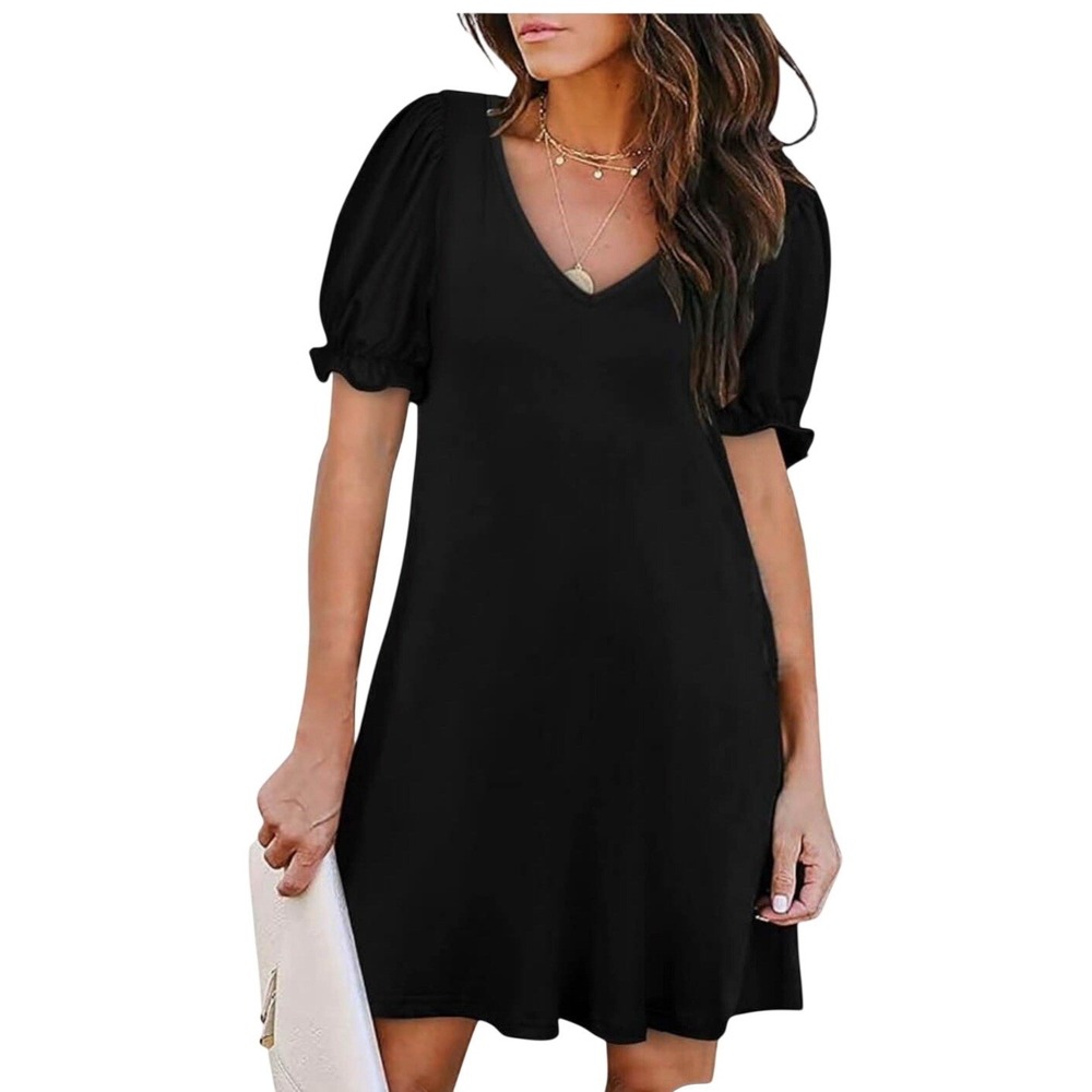Aloodor Womens Black V-Neck Puff Sleeve Mini Shift Dress with Pockets Size Small